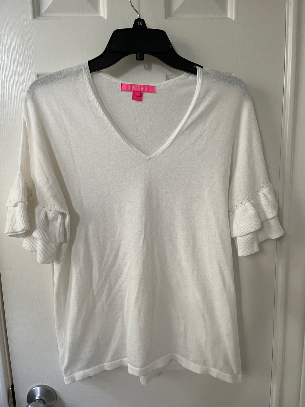 Lilly Pulitzer White V-Neck Ruffle Sleeve Lightweight Sweater